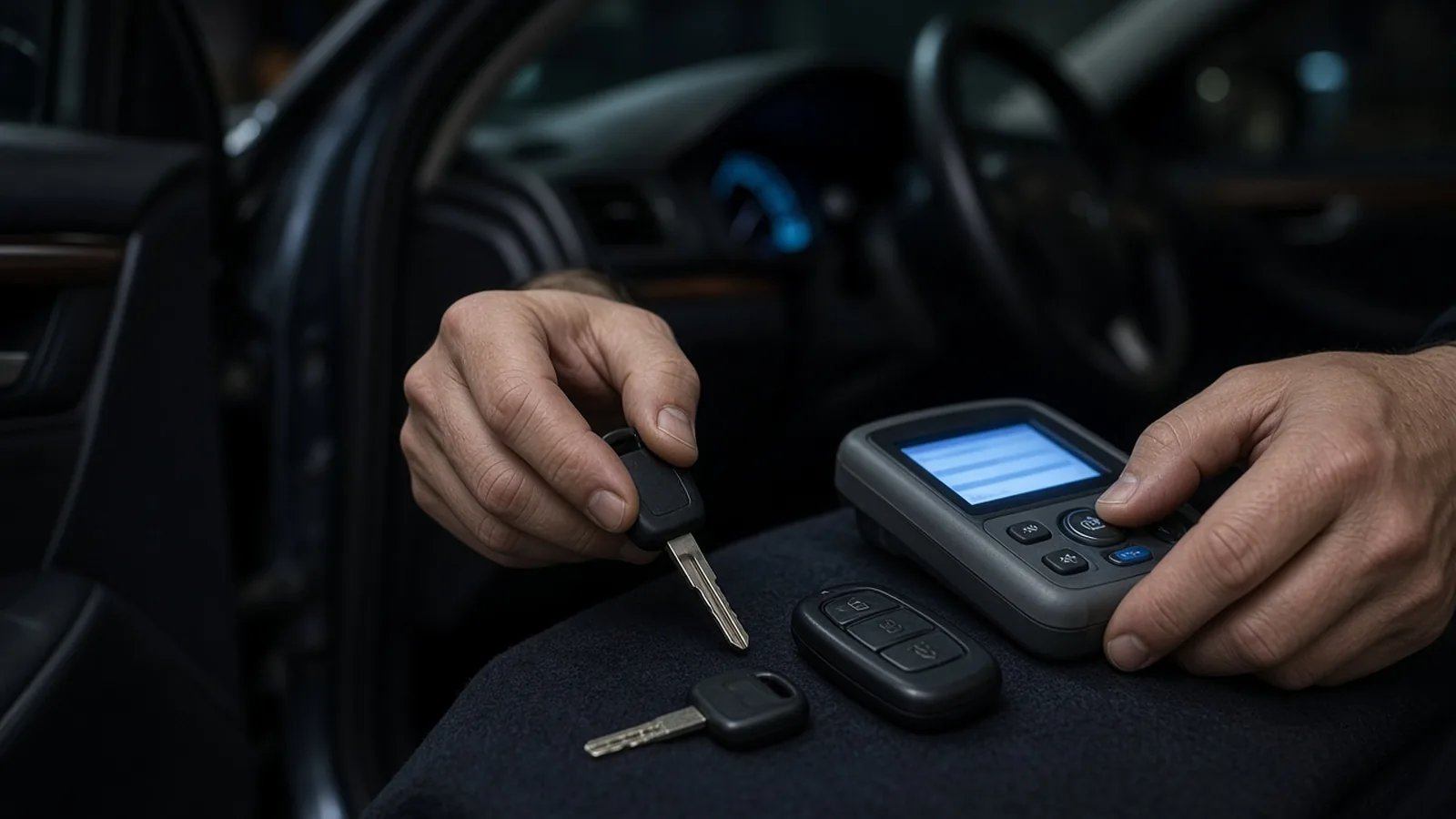 Hands holding a transponder key next to a programming device on a car seat