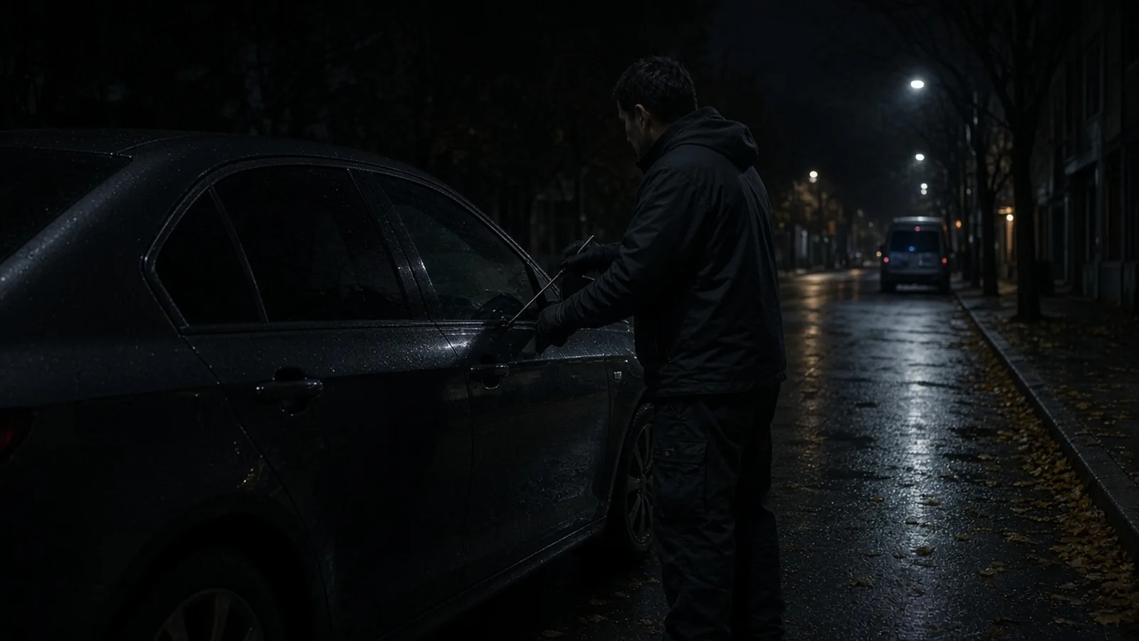Person using a long-reach tool at the driver door of a parked car at night