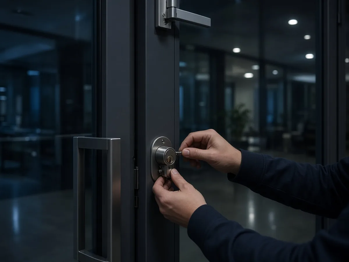 Hands turning a key in a lock on a commercial glass door
