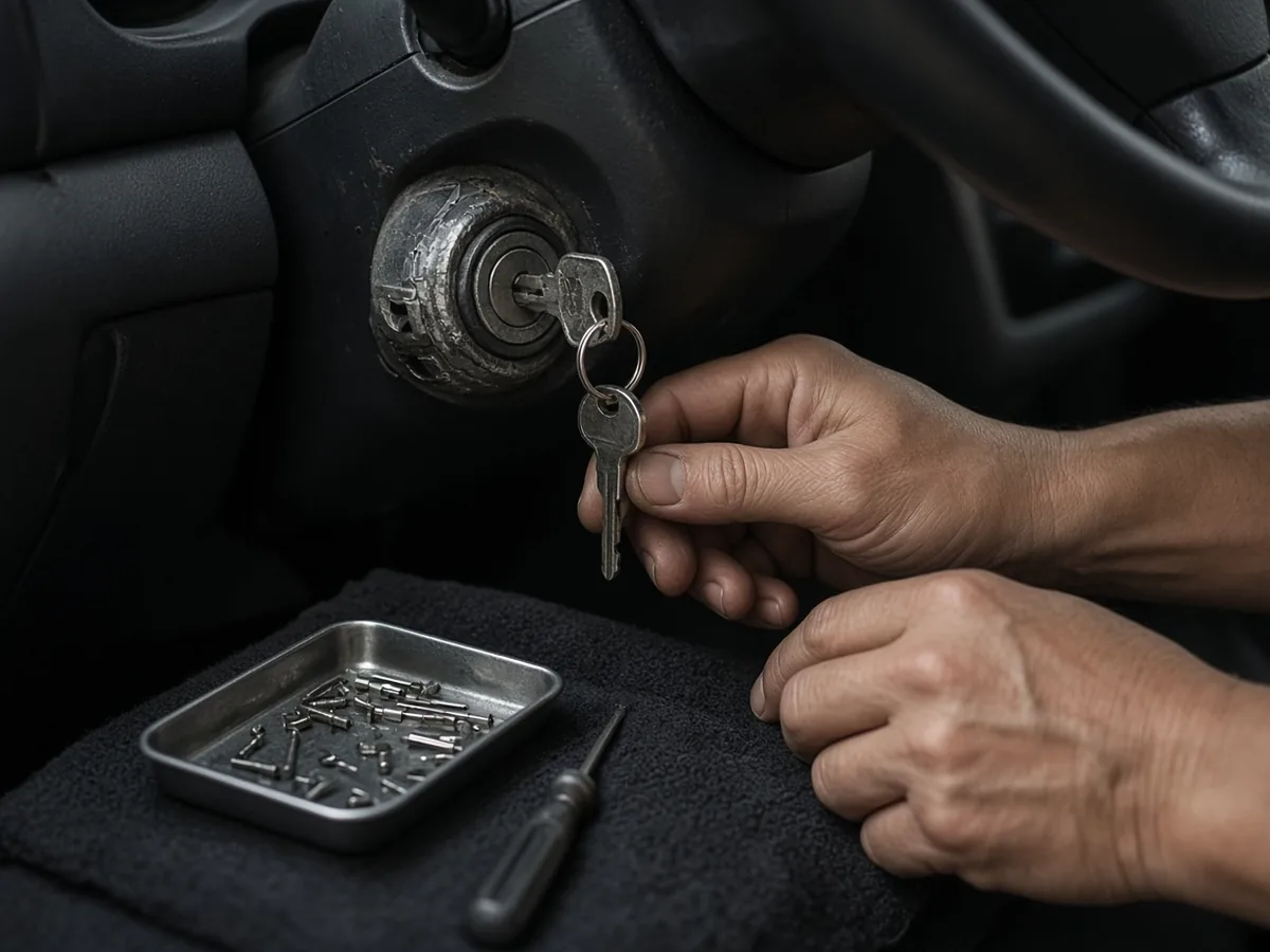 Worn ignition with a key in the cylinder, a second key, a pin tray, and a screwdriver