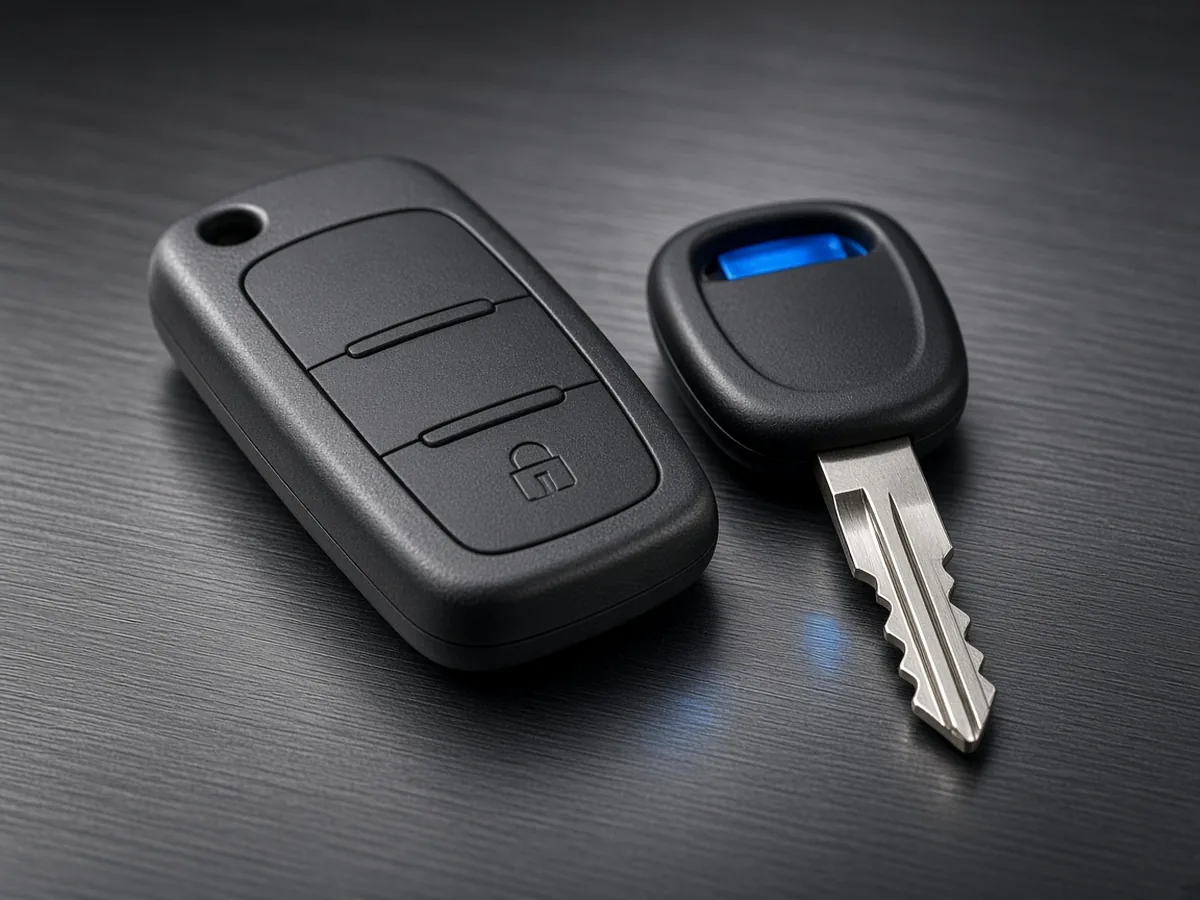 Black three-button car remote with a lock icon next to a transponder key