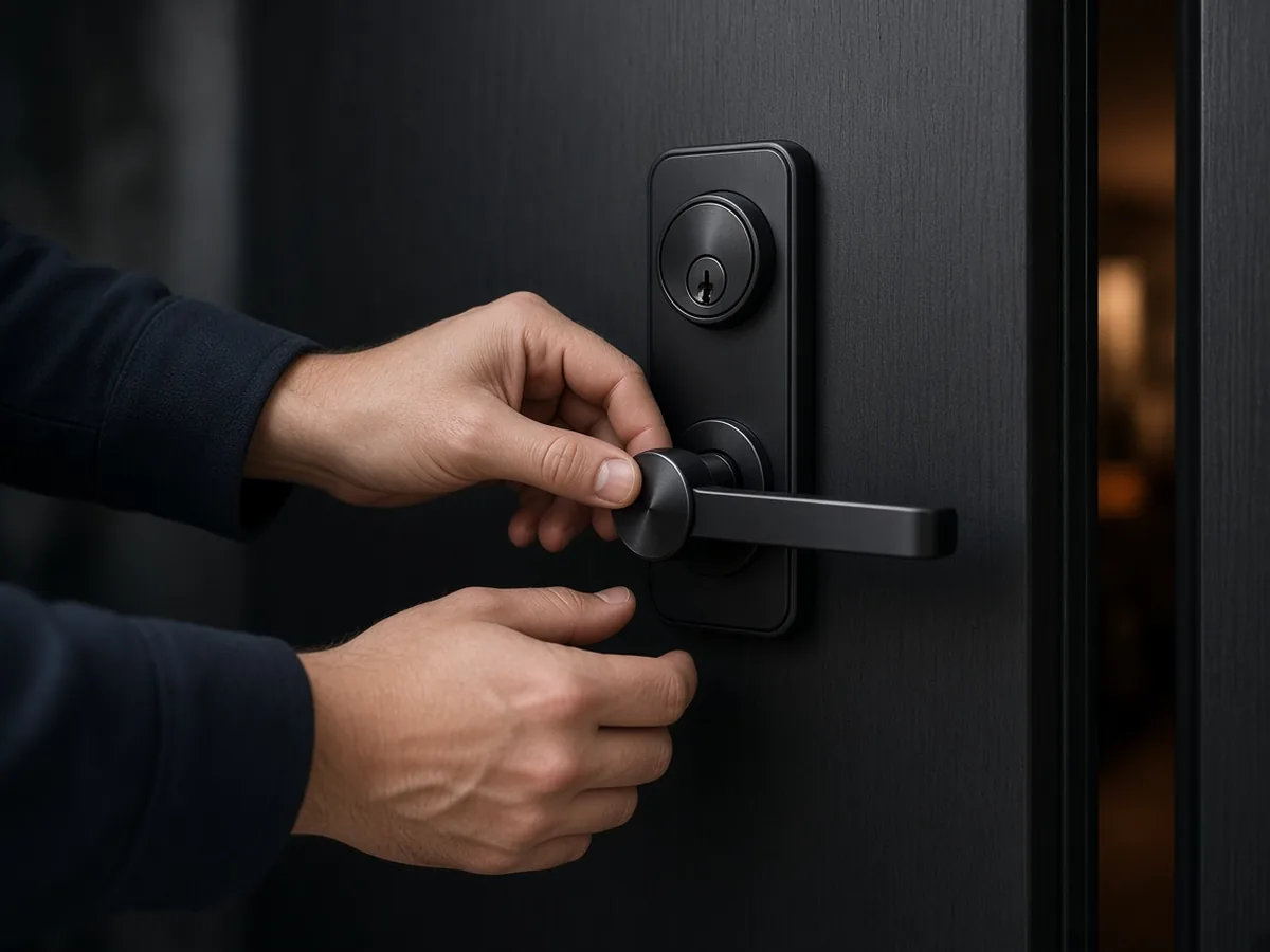 Hands turning a lever on a matte-black residential lockset