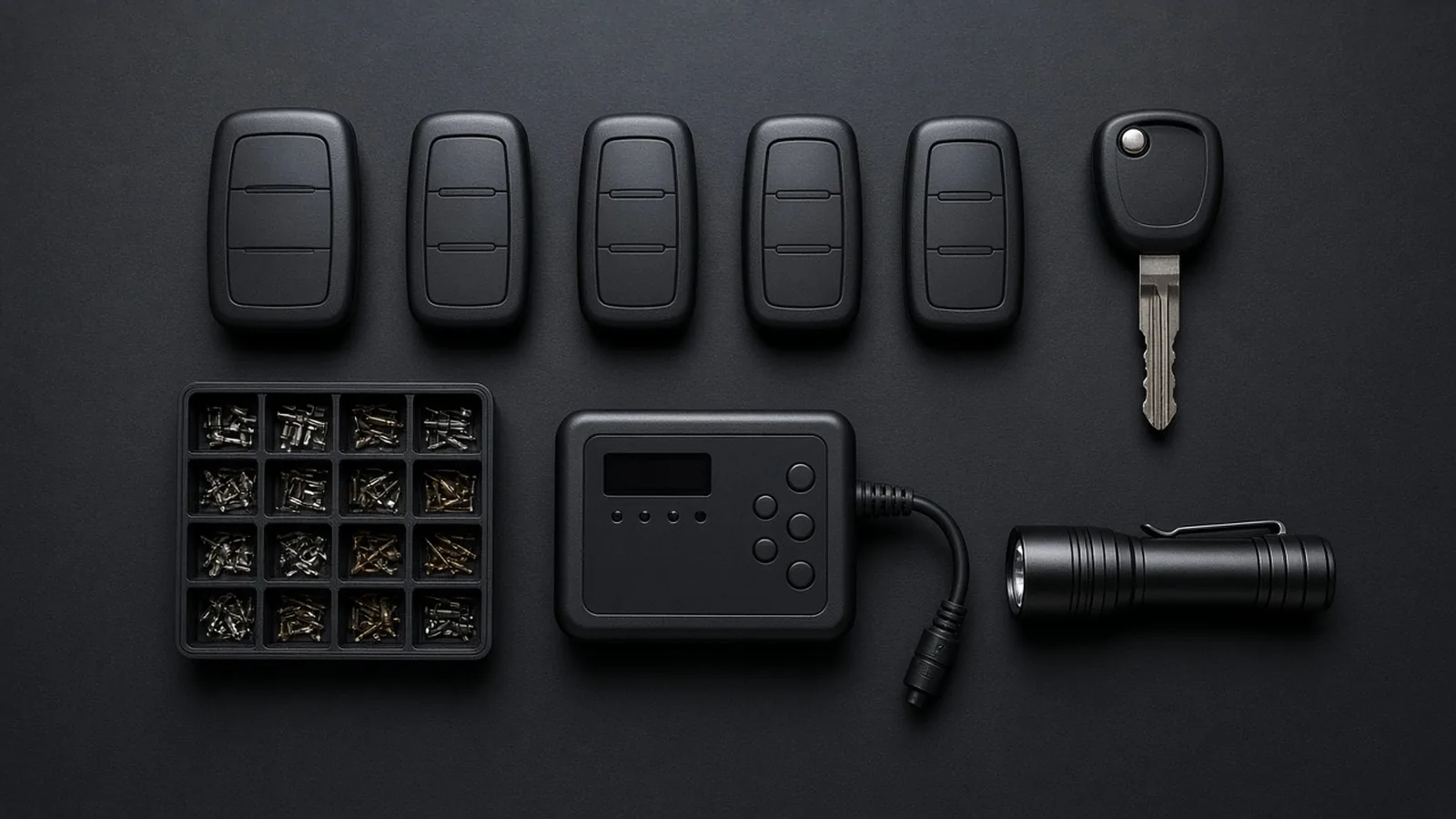Black car remotes, a transponder key, a pin tray, a programmer, and a flashlight on a dark surface